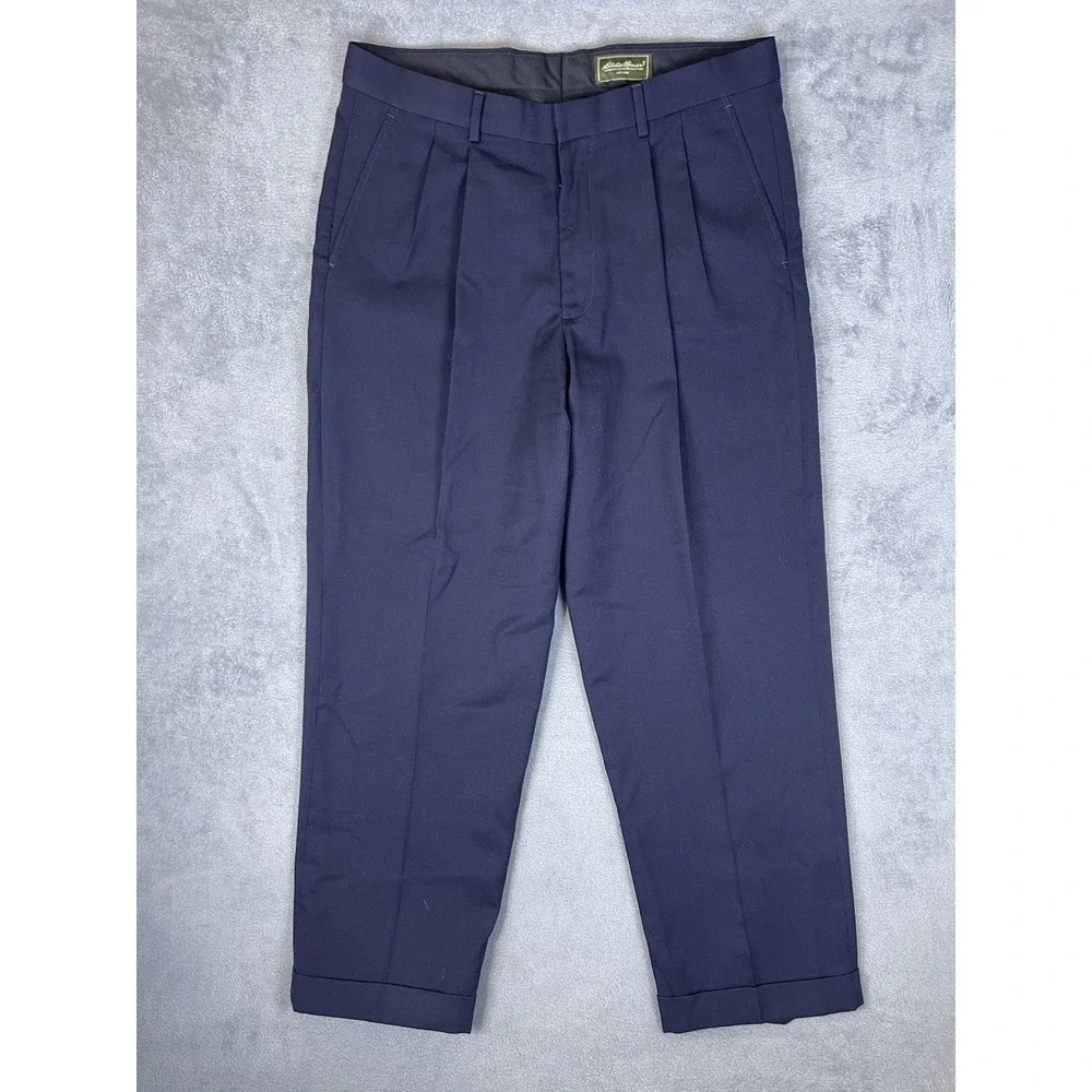 Eddie Bauer Pants Mens 35x30 Blue Navy Relaxed Fit Pleated Cuffed Straight Wool